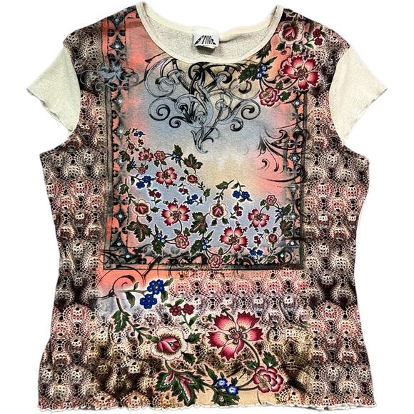 VNT 90s Sheer Flower Graphic Fairy Mesh Short Sleeve Top XL Made in USA B' Time - Picture 6 of 10